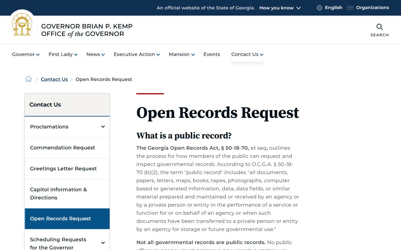 Georgia Open Records Act request guidance from the Governor's Office