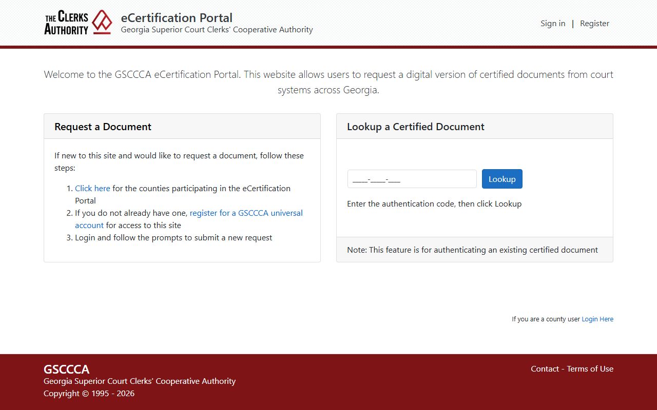 GSCCCA eCertification portal for Georgia certified court documents