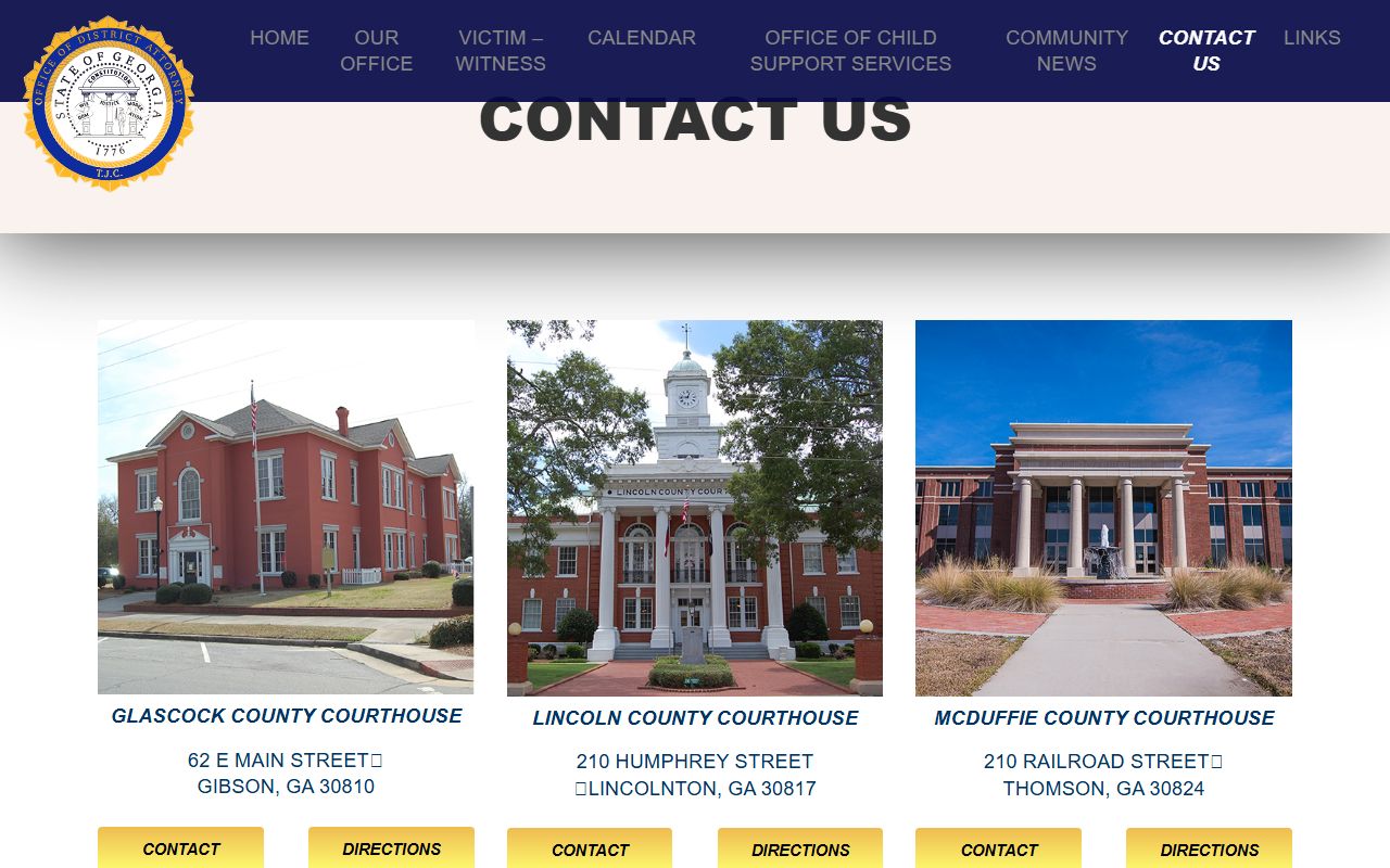 Toombs Judicial Circuit District Attorney contact page with Thomson office information