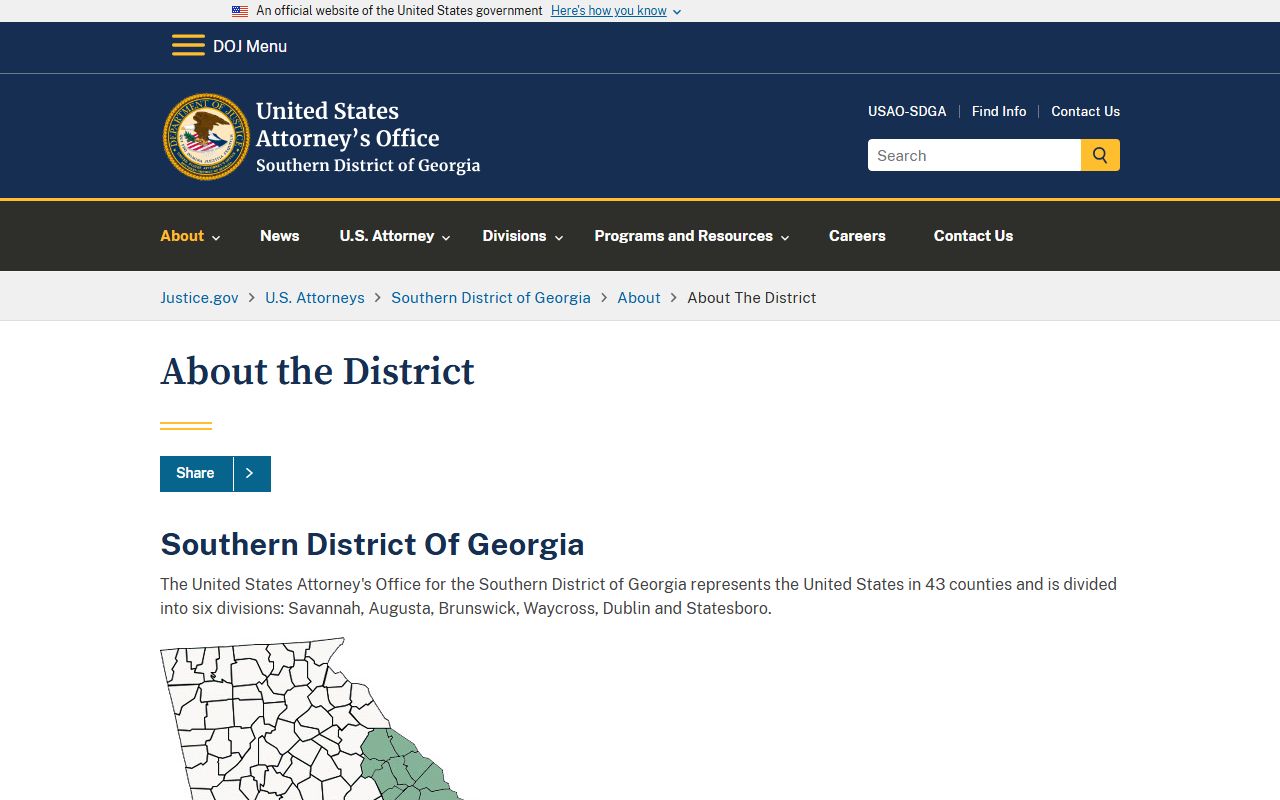 Southern District of Georgia page showing Glascock County federal district coverage
