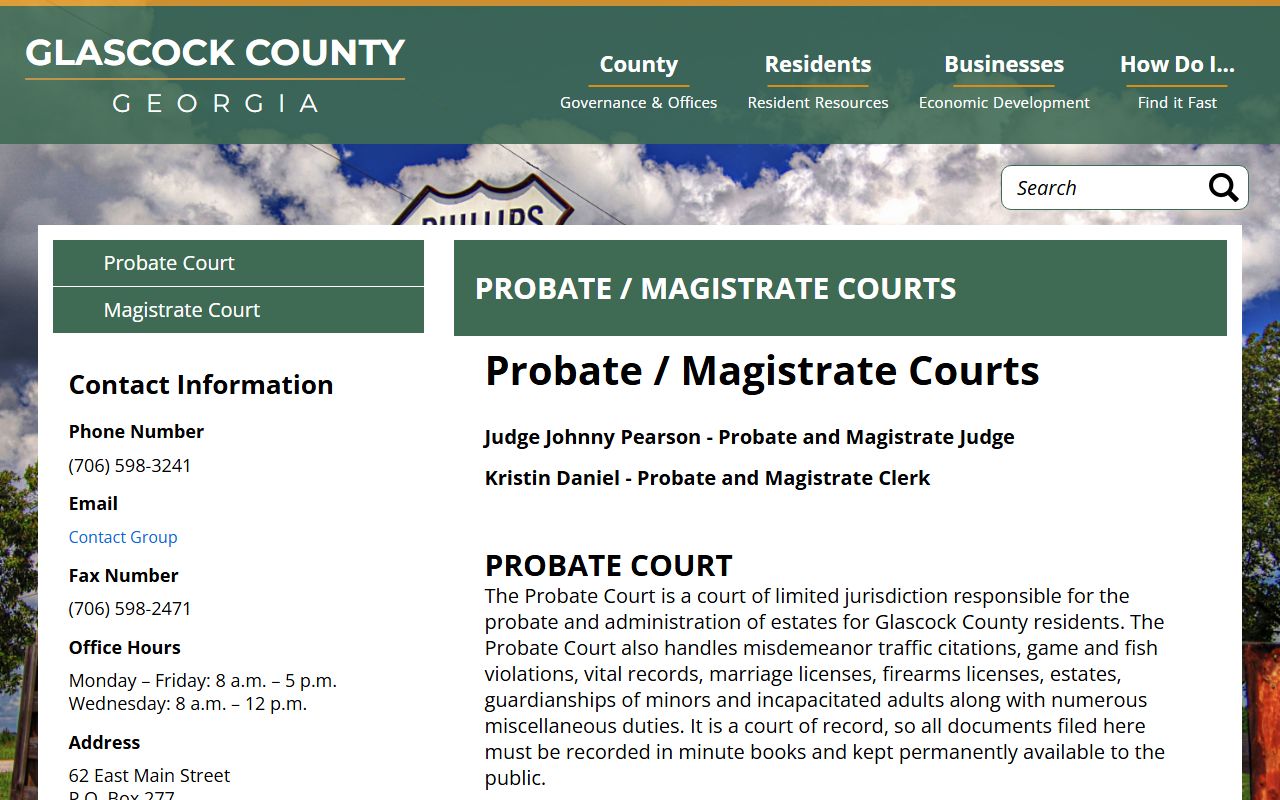Glascock County probate records Probate Court jurisdiction and copy duties