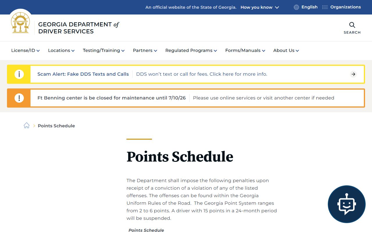 Glascock County traffic court records DDS points schedule